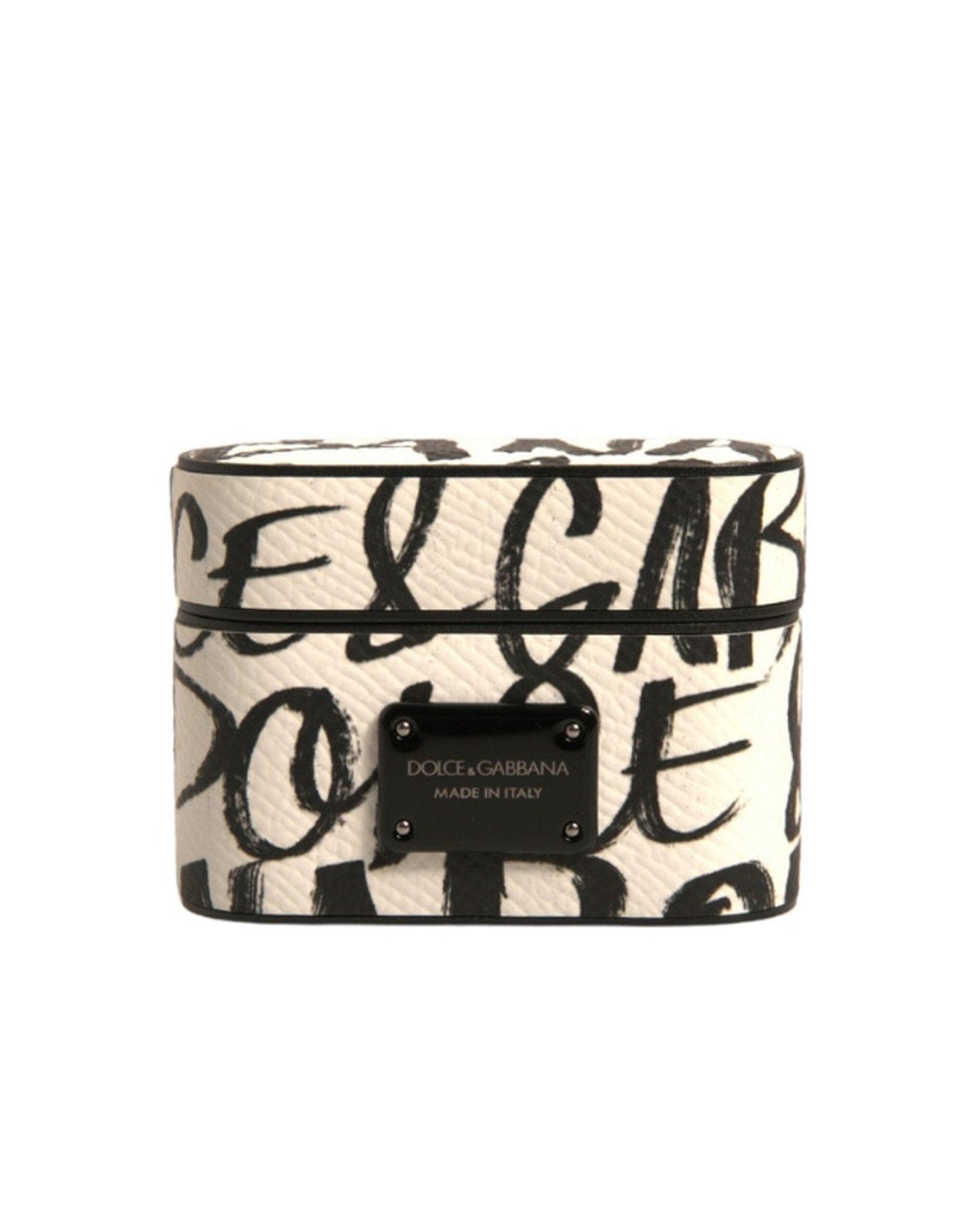 Dolce & Gabbana Black White Leather Scribble Embossed Logo Airpods Case – par Dolce & Gabbana | Disponible sur Sandy Store ByNet