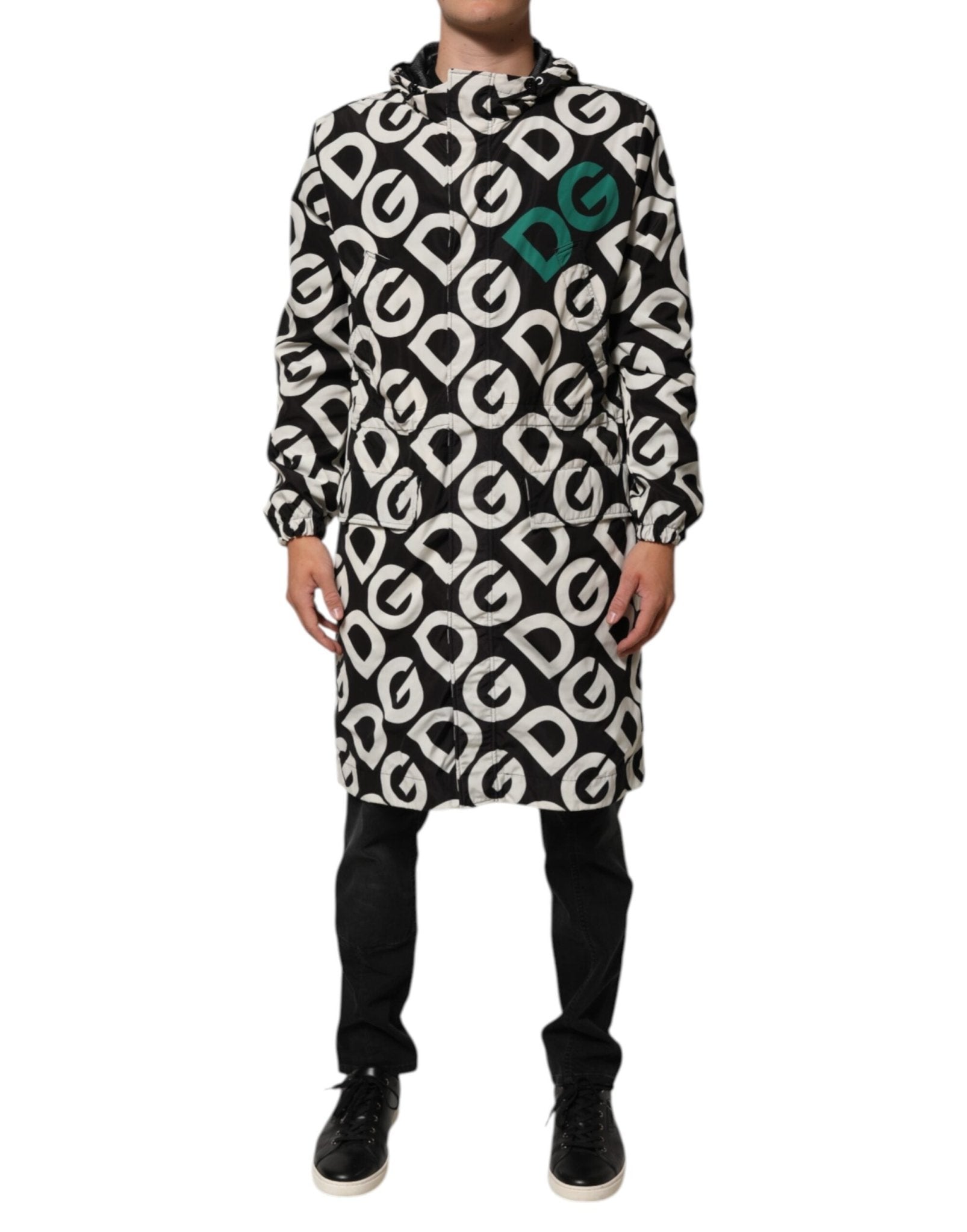 Dolce & Gabbana Black White Logo Print Hooded Coat Men Jacket – IT44 | XS par Dolce & Gabbana | Disponible sur Sandy Store ByNet