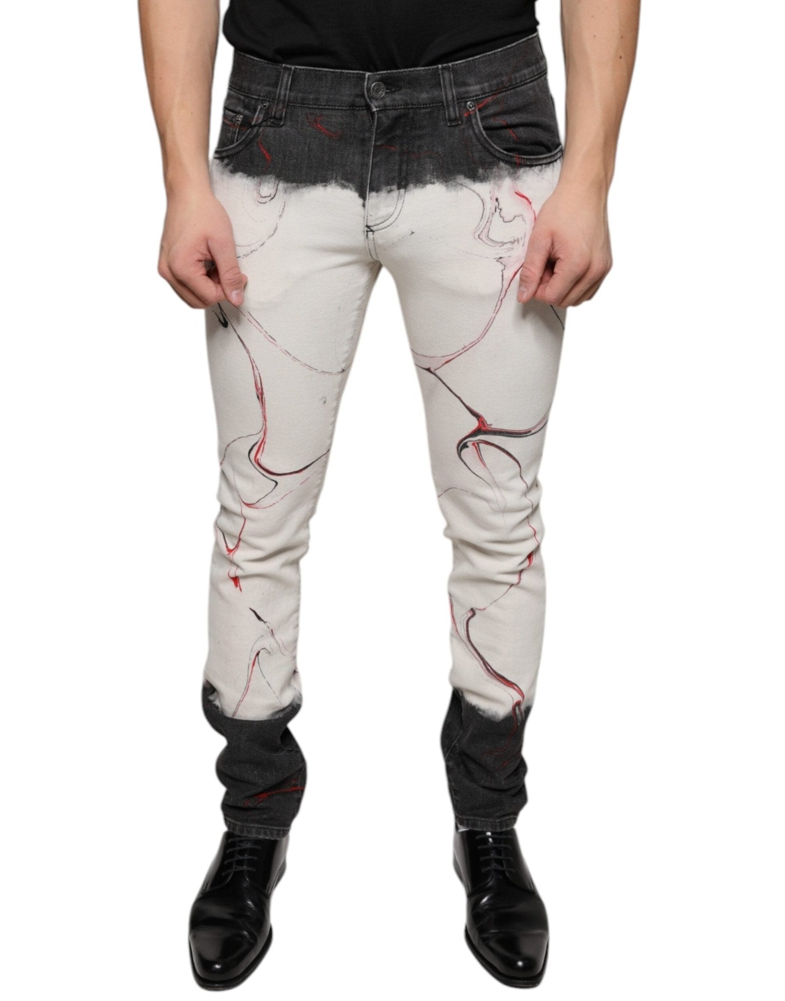 Dolce & Gabbana Black White Printed Skinny Men Denim Jeans – IT48 | M par Dolce & Gabbana | Disponible sur Sandy Store ByNet