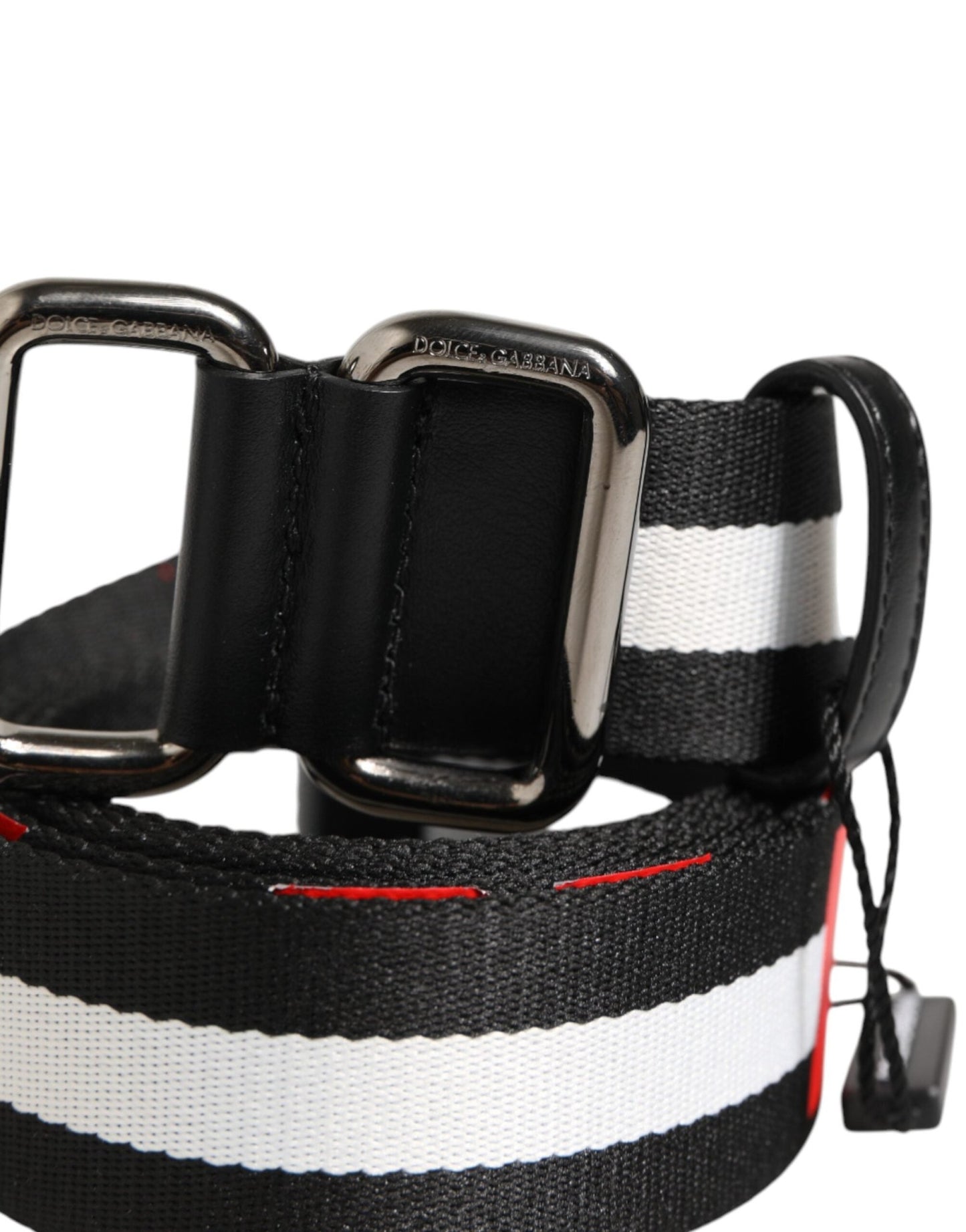 Dolce & Gabbana Black White Striped Logo Metal Buckle Belt – 105 cm / 42 Inches par Dolce & Gabbana | Disponible sur Sandy Store ByNet