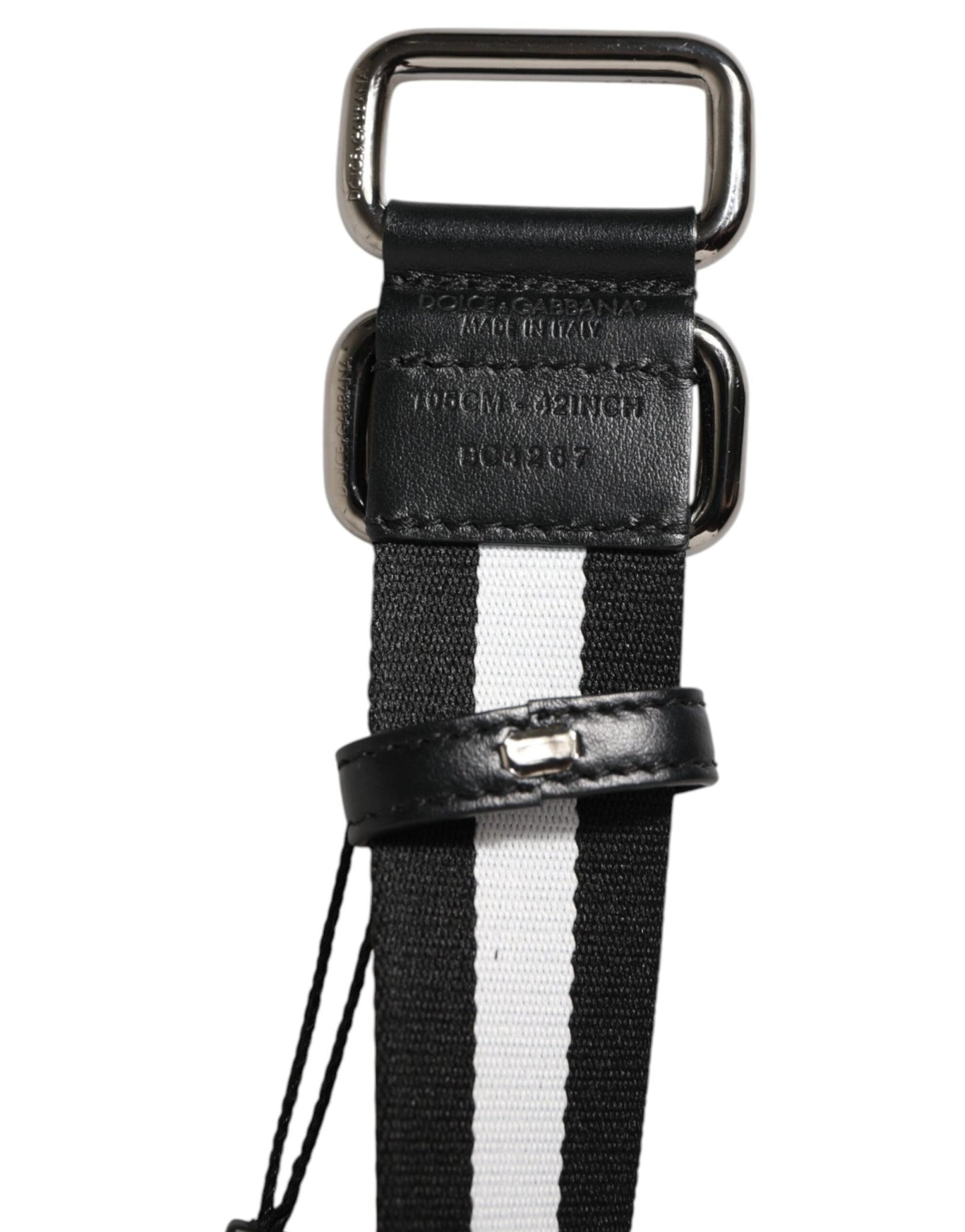 Dolce & Gabbana Black White Striped Logo Metal Buckle Belt – 105 cm / 42 Inches par Dolce & Gabbana | Disponible sur Sandy Store ByNet