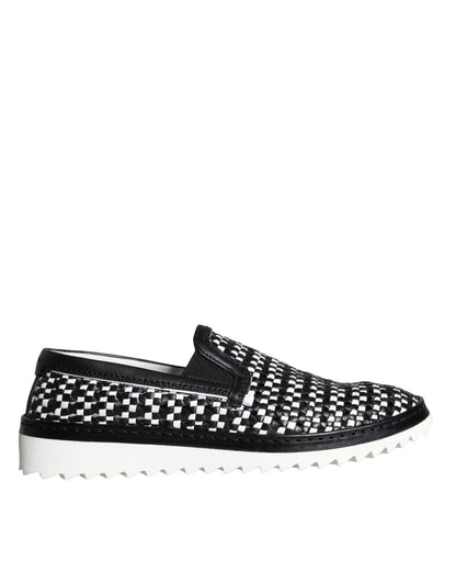 Dolce & Gabbana Black White Weaved Slip On Men Loafers Shoes - Sandy Store ByNet