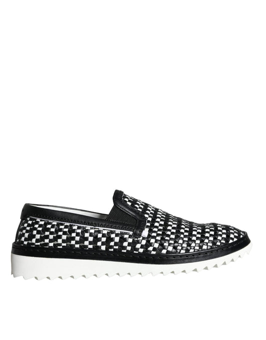 Dolce & Gabbana Black White Weaved Slip On Men Loafers Shoes - Sandy Store ByNet