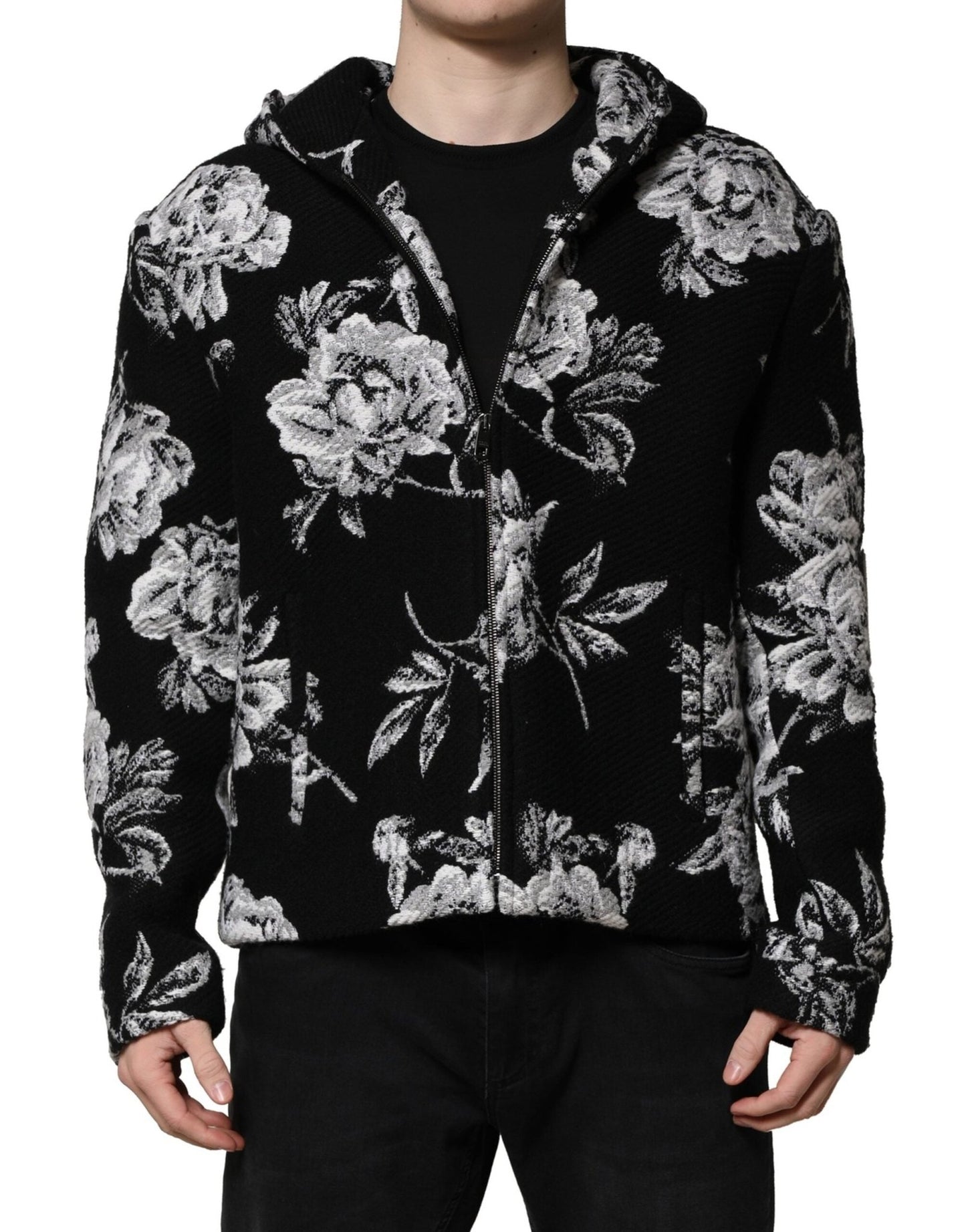 Dolce & Gabbana Black Wool Floral Printed Men Hooded Jacket – IT48 | M par Dolce & Gabbana | Disponible sur Sandy Store ByNet
