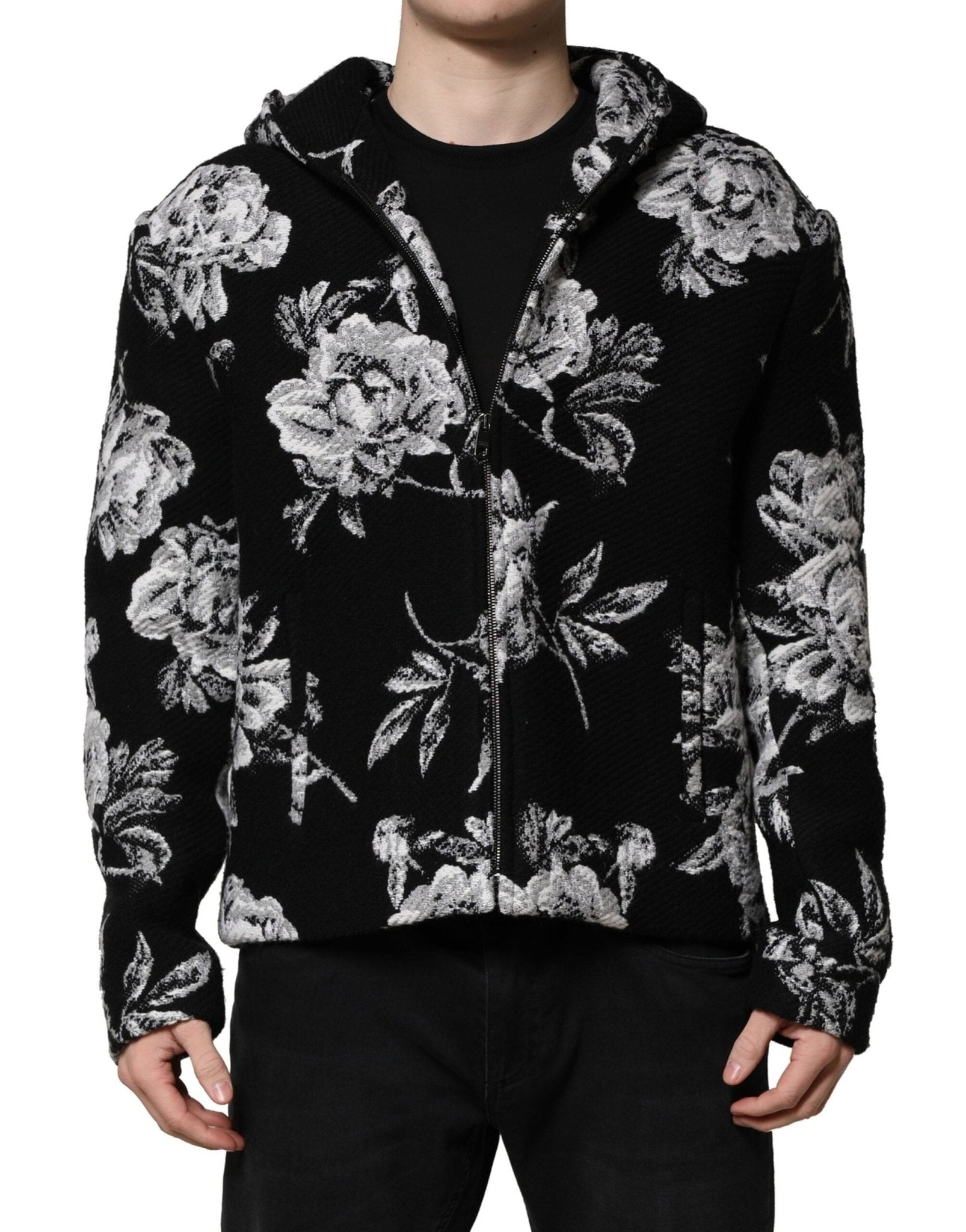 Dolce & Gabbana Black Wool Floral Printed Men Hooded Jacket – IT48 | M par Dolce & Gabbana | Disponible sur Sandy Store ByNet