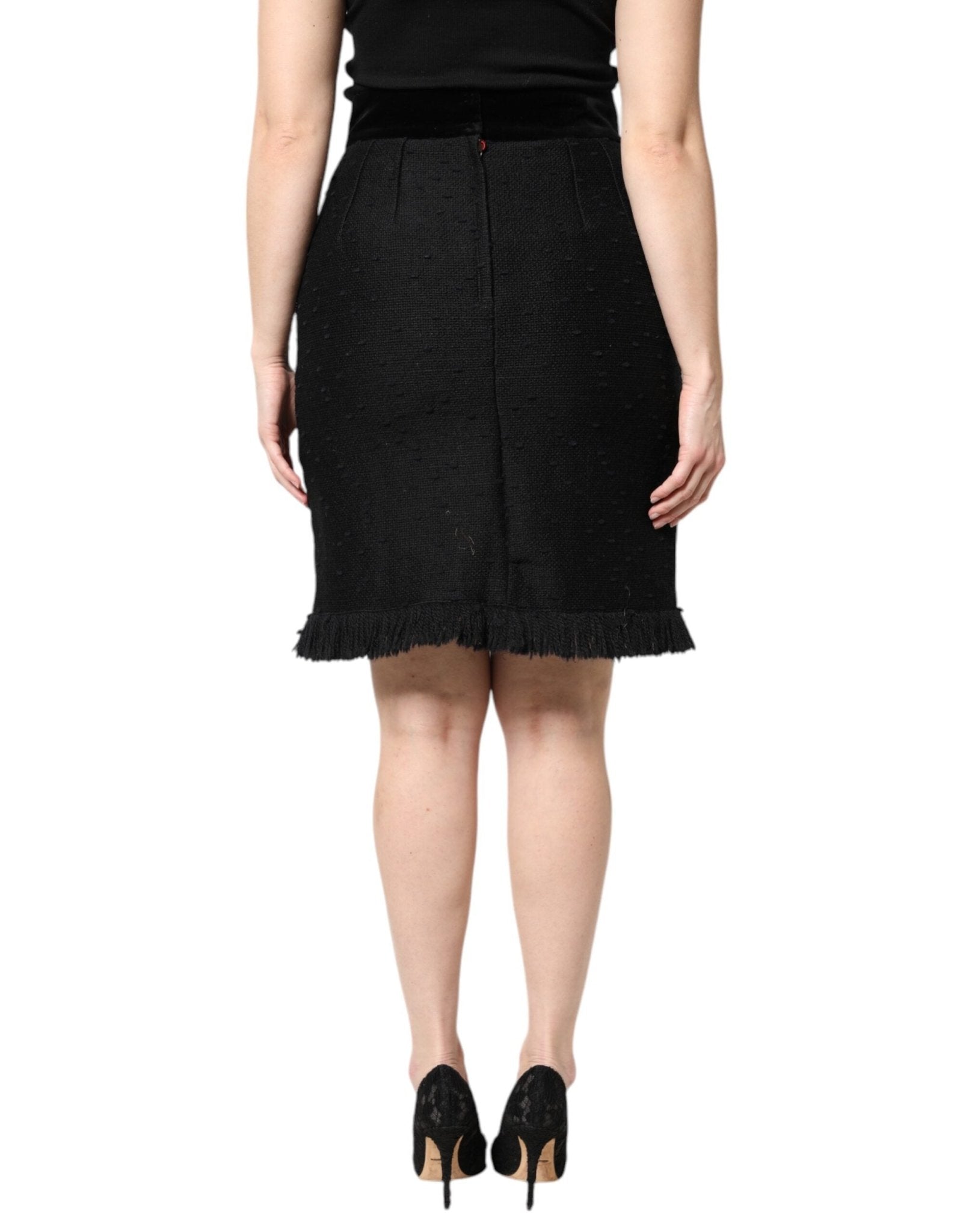 Dolce & Gabbana Black Wool Fringe High Waist Pencil Mini Skirt - Sandy Store ByNet