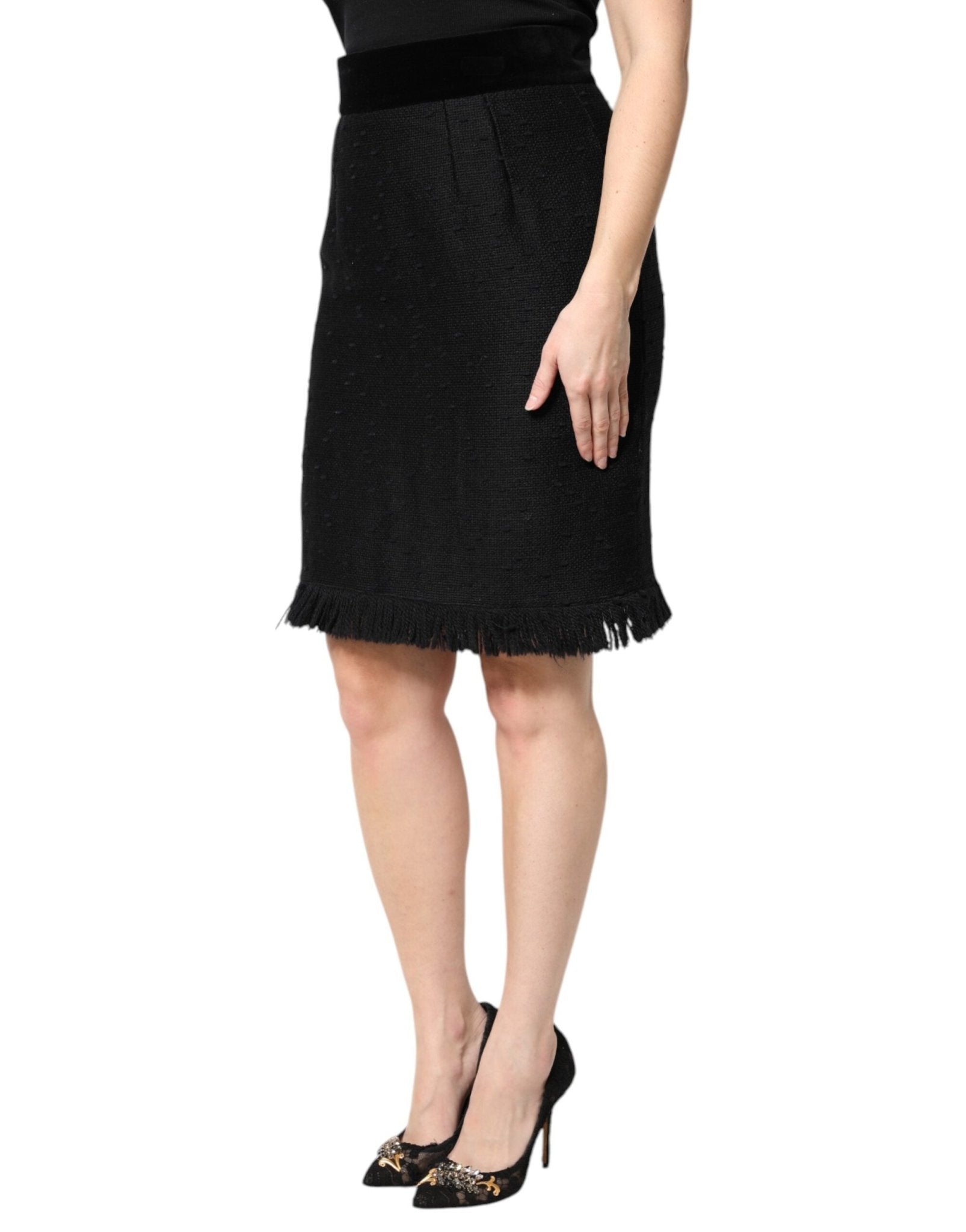 Dolce & Gabbana Black Wool Fringe High Waist Pencil Mini Skirt - Sandy Store ByNet