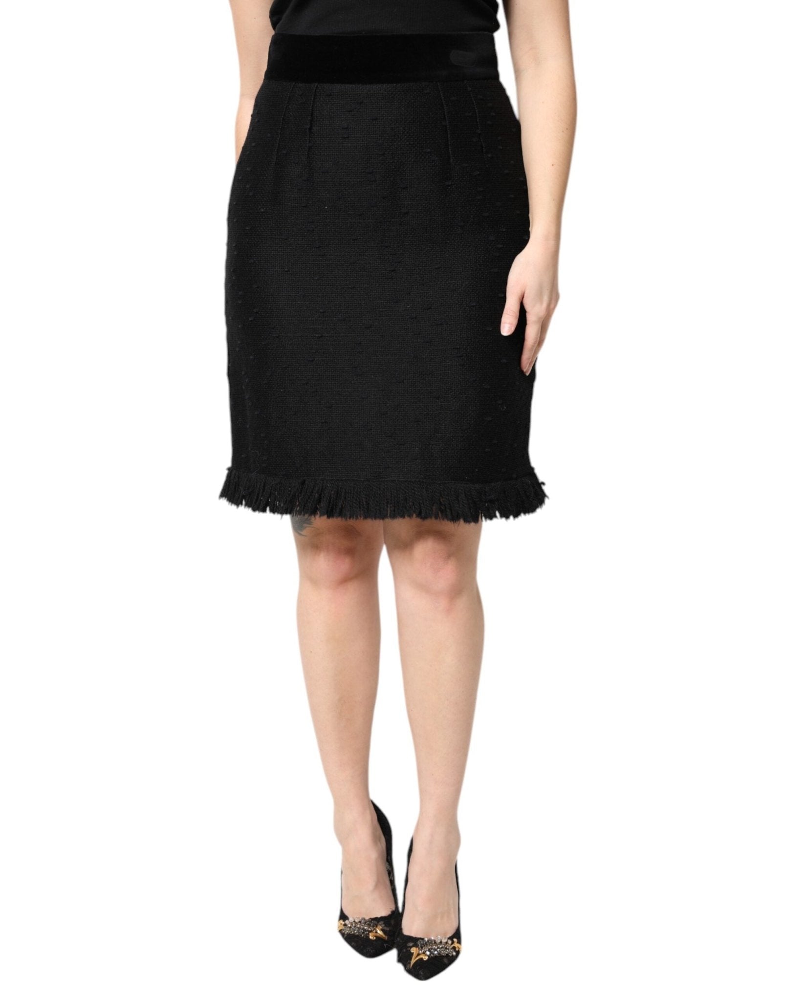 Dolce & Gabbana Black Wool Fringe High Waist Pencil Mini Skirt - Sandy Store ByNet