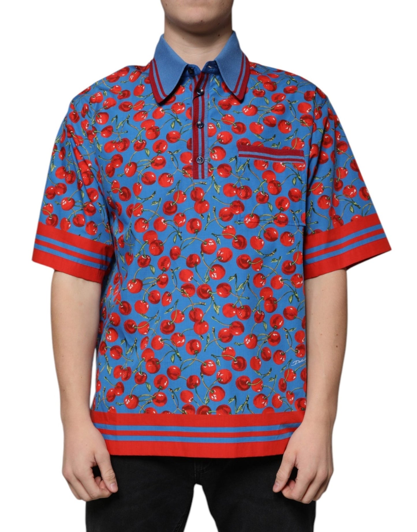 Dolce & Gabbana Blue Cherry Cotton Collared Men Polo T-shirt – IT48 | M par Dolce & Gabbana | Disponible sur Sandy Store ByNet