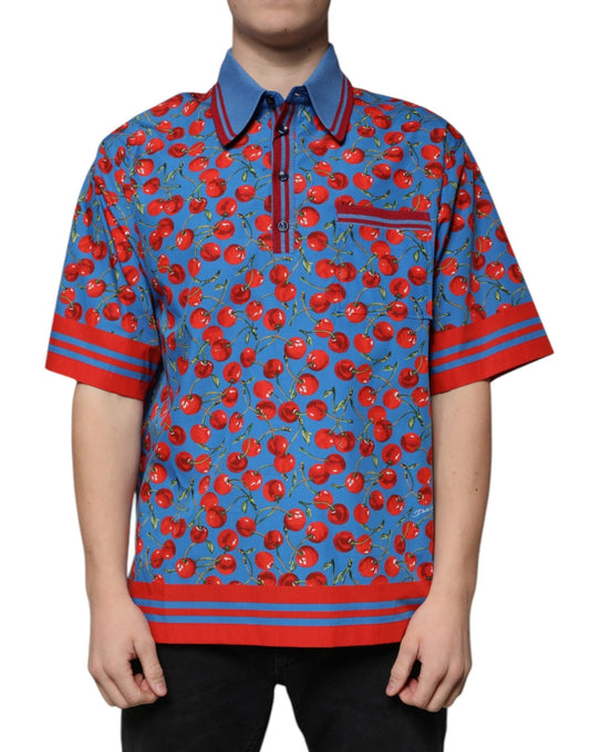 Dolce & Gabbana Blue Cherry Cotton Collared Men Polo T-shirt – IT48 | M par Dolce & Gabbana | Disponible sur Sandy Store ByNet