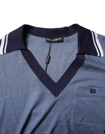 Dolce & Gabbana Blue Collared V - neck Silk Blend Polo T-shirt – IT48 | M par Dolce & Gabbana | Disponible sur Sandy Store ByNet