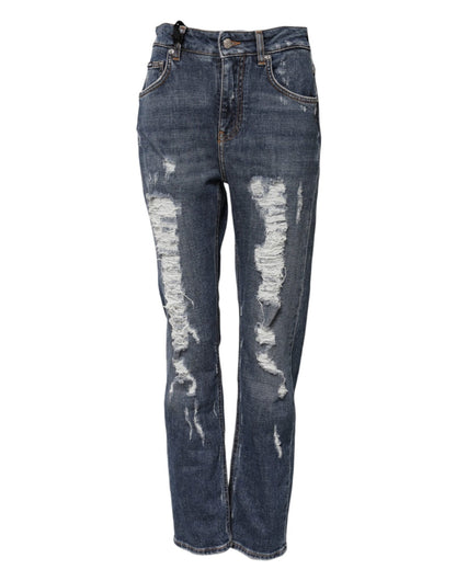 Dolce & Gabbana Blue Cotton Boyfriend Tattered Denim Jeans – IT38 | XS par Dolce & Gabbana | Disponible sur Sandy Store ByNet