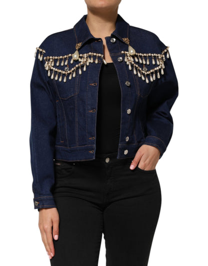 Dolce & Gabbana Blue Cotton Denim Crystal Embellished Jacket – IT38 | XS par Dolce & Gabbana | Disponible sur Sandy Store ByNet