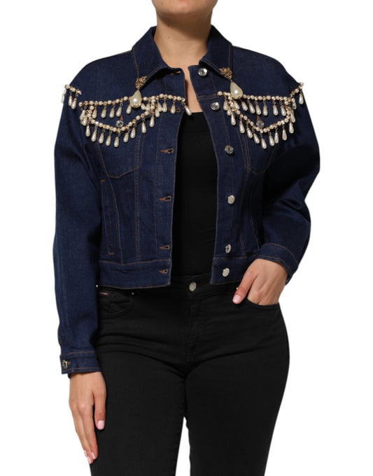 Dolce & Gabbana Blue Cotton Denim Crystal Embellished Jacket – IT38 | XS par Dolce & Gabbana | Disponible sur Sandy Store ByNet