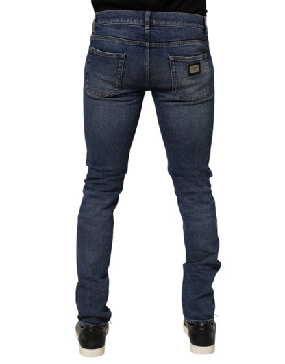 Dolce & Gabbana Blue Cotton Logo Plaque Skinny Men Denim Jeans – IT48 | M par Dolce & Gabbana | Disponible sur Sandy Store ByNet