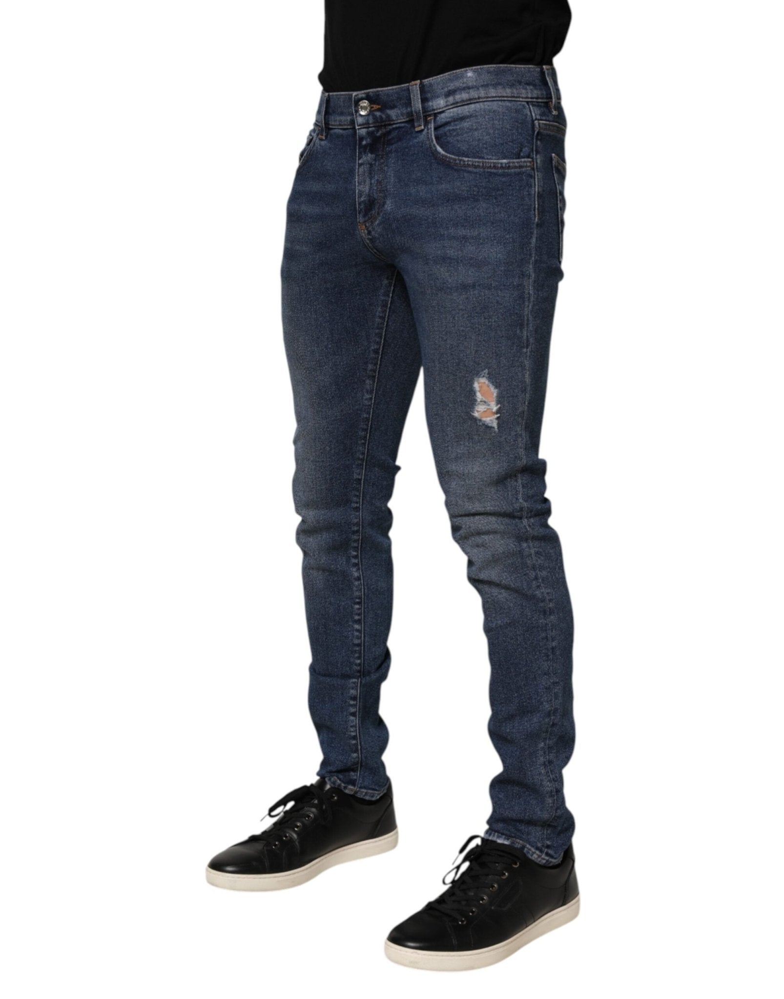 Dolce & Gabbana Blue Cotton Logo Plaque Skinny Men Denim Jeans – IT48 | M par Dolce & Gabbana | Disponible sur Sandy Store ByNet