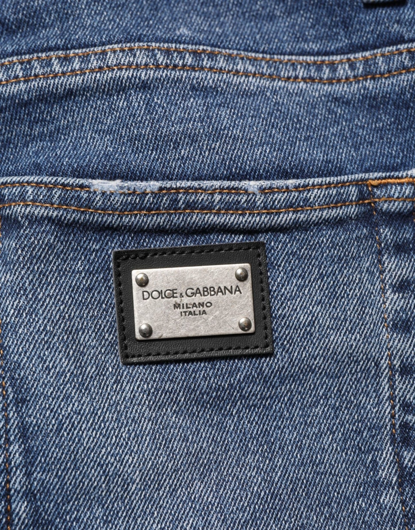 Dolce & Gabbana Blue Cotton Logo Plaque Skinny Men Denim Jeans – IT48 | M par Dolce & Gabbana | Disponible sur Sandy Store ByNet