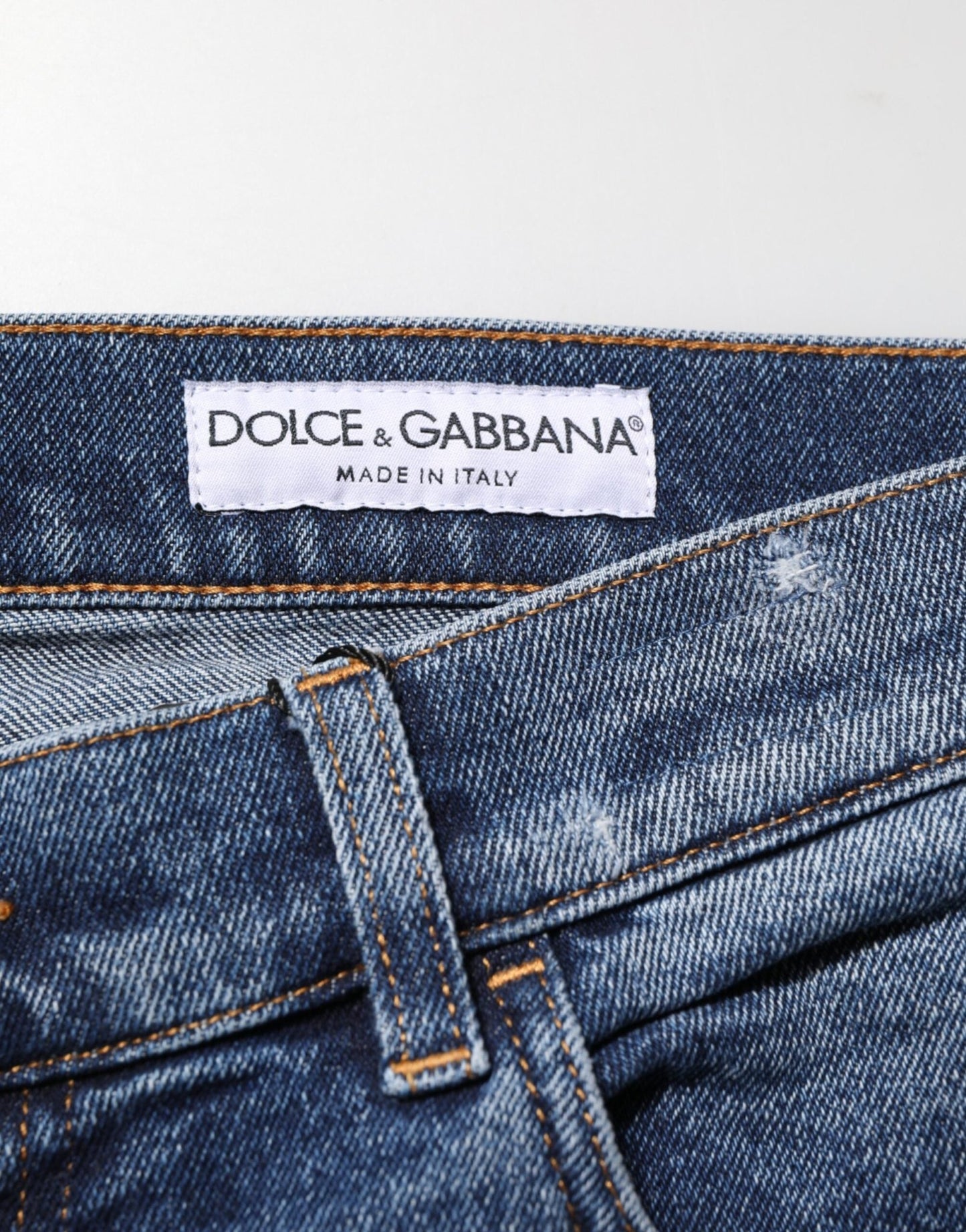 Dolce & Gabbana Blue Cotton Logo Plaque Skinny Men Denim Jeans – IT48 | M par Dolce & Gabbana | Disponible sur Sandy Store ByNet