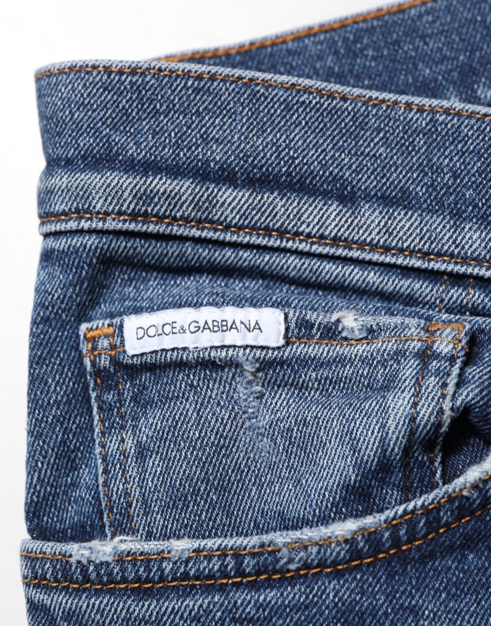 Dolce & Gabbana Blue Cotton Logo Plaque Skinny Men Denim Jeans – IT48 | M par Dolce & Gabbana | Disponible sur Sandy Store ByNet