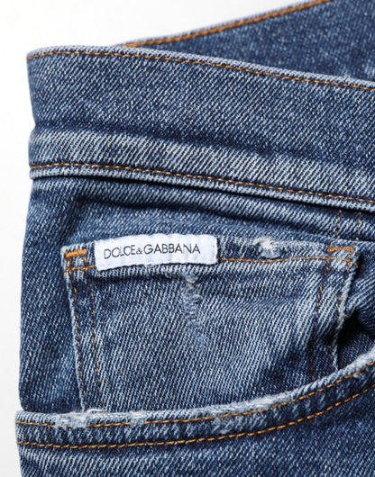 Dolce & Gabbana Blue Cotton Logo Plaque Skinny Men Denim Jeans – IT48 | M par Dolce & Gabbana | Disponible sur Sandy Store ByNet