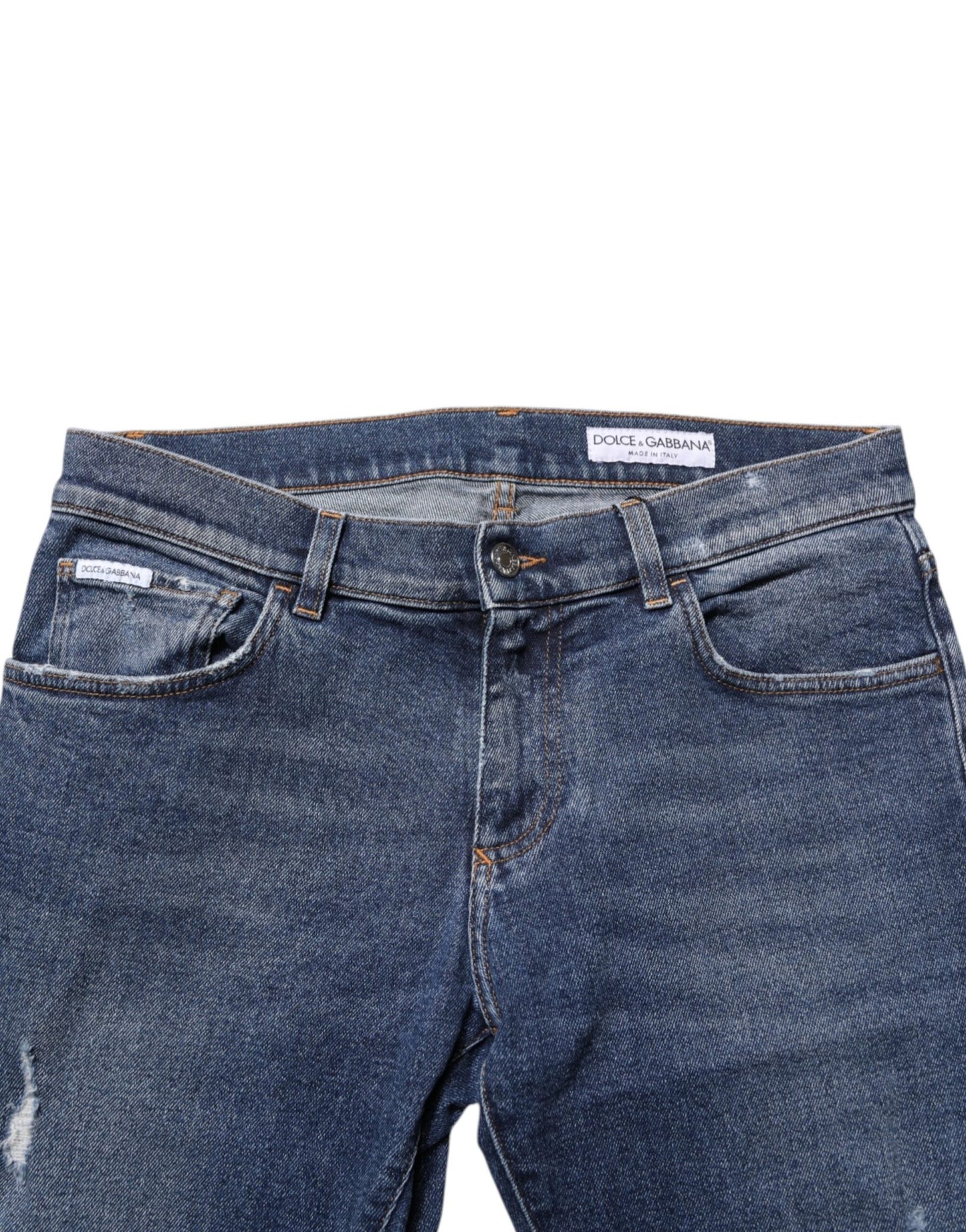 Dolce & Gabbana Blue Cotton Logo Plaque Skinny Men Denim Jeans – IT48 | M par Dolce & Gabbana | Disponible sur Sandy Store ByNet