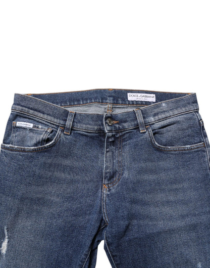 Dolce & Gabbana Blue Cotton Logo Plaque Skinny Men Denim Jeans – IT48 | M par Dolce & Gabbana | Disponible sur Sandy Store ByNet