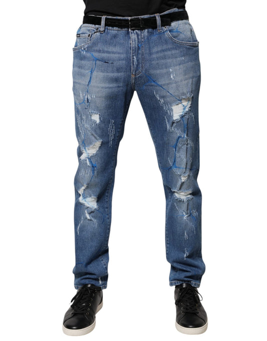 Dolce & Gabbana Blue Cotton Stretch Tattered Skinny Denim Jeans – IT44 | XS par Dolce & Gabbana | Disponible sur Sandy Store ByNet
