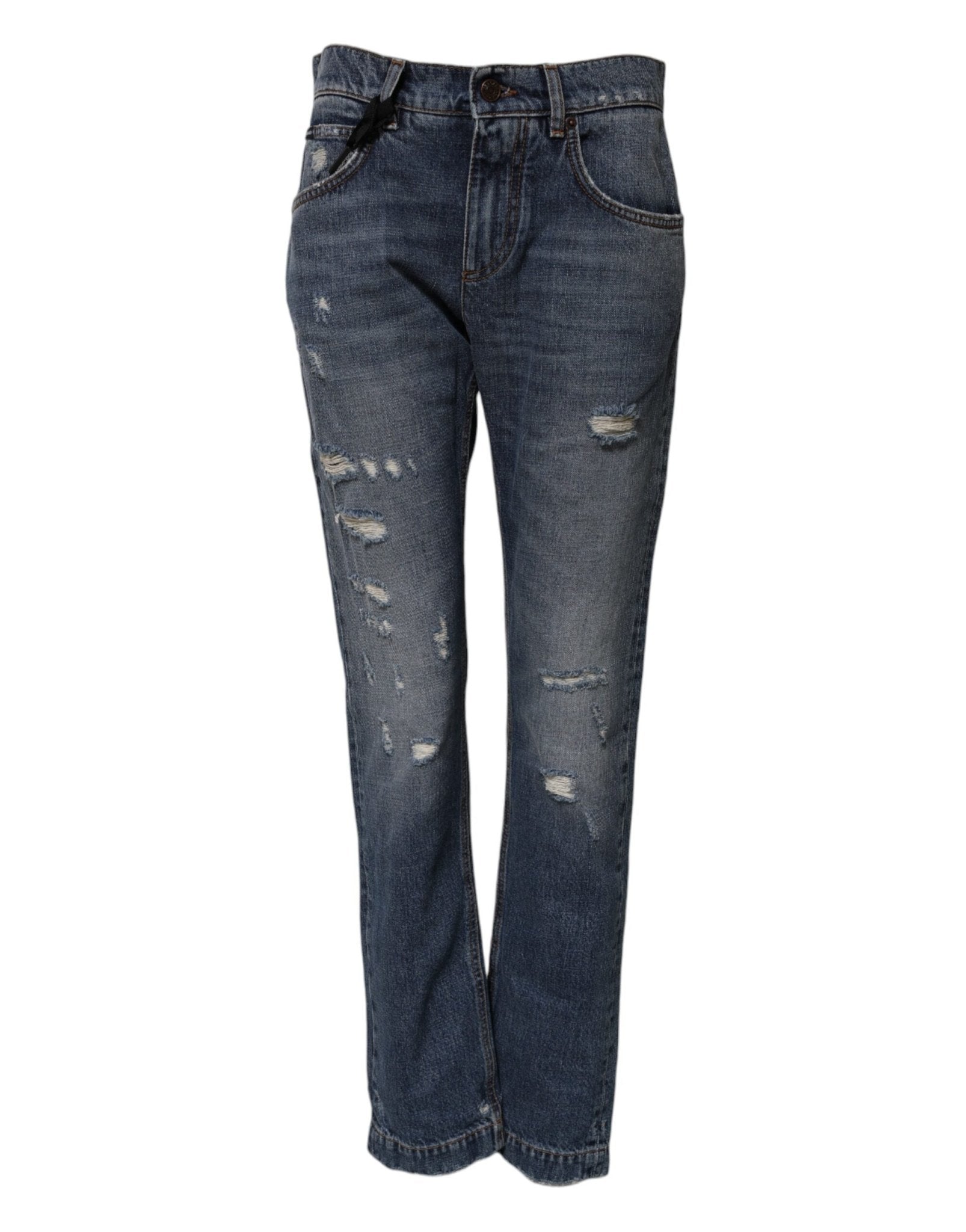 Dolce & Gabbana Blue Cotton Tattered Boyfriend Denim Jeans – IT38 | XS par Dolce & Gabbana | Disponible sur Sandy Store ByNet
