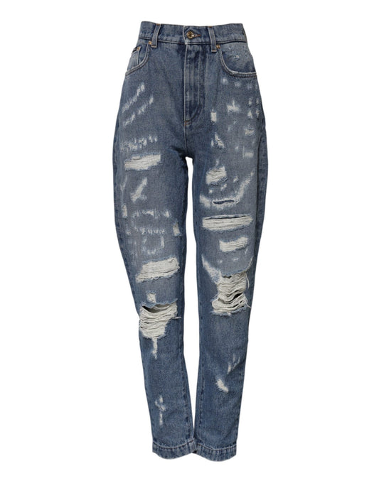 Dolce & Gabbana Blue Cotton Tattered High Waist Denim Jeans – IT38 | XS par Dolce & Gabbana | Disponible sur Sandy Store ByNet
