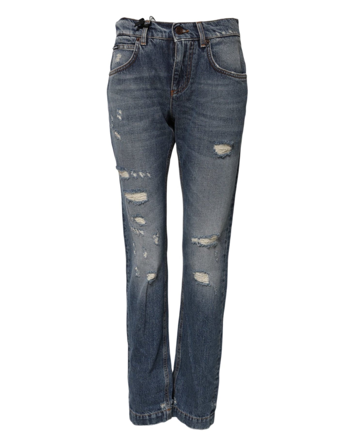 Dolce & Gabbana Blue Cotton Tattered Mid Waist Denim Jeans – IT38 | XS par Dolce & Gabbana | Disponible sur Sandy Store ByNet