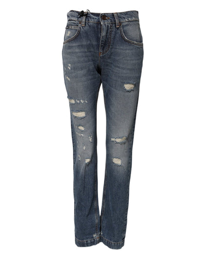 Dolce & Gabbana Blue Cotton Tattered Mid Waist Denim Jeans – IT38 | XS par Dolce & Gabbana | Disponible sur Sandy Store ByNet