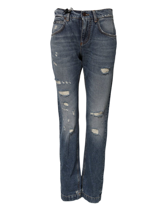 Dolce & Gabbana Blue Cotton Tattered Mid Waist Denim Jeans – IT38 | XS par Dolce & Gabbana | Disponible sur Sandy Store ByNet