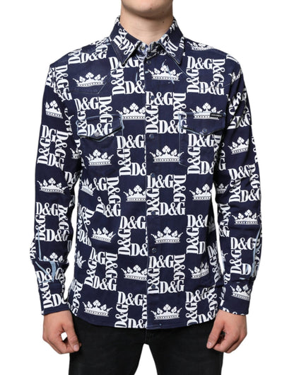 Dolce & Gabbana Blue Crown Logo Print Slim Fit Cotton Shirt – IT38 | XS par Dolce & Gabbana | Disponible sur Sandy Store ByNet