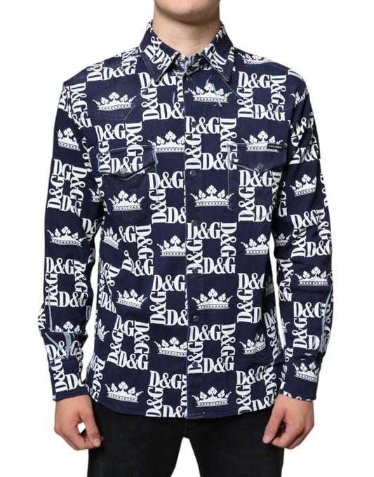 Dolce & Gabbana Blue Crown Logo Print Slim Fit Cotton Shirt – IT38 | XS par Dolce & Gabbana | Disponible sur Sandy Store ByNet