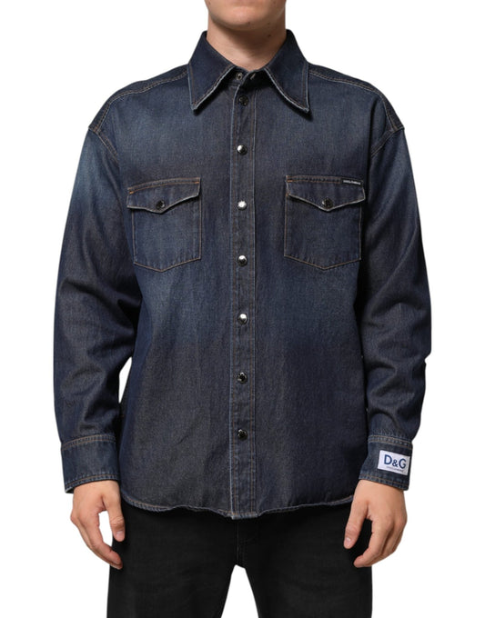 Dolce & Gabbana Blue Denim Button Casual Logo Patch Men Shirt – IT37 | XS par Dolce & Gabbana | Disponible sur Sandy Store ByNet