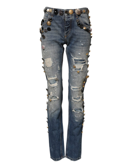 Dolce & Gabbana Blue Embellished Tattered SkinnyDenim Jeans – IT38 | XS par Dolce & Gabbana | Disponible sur Sandy Store ByNet