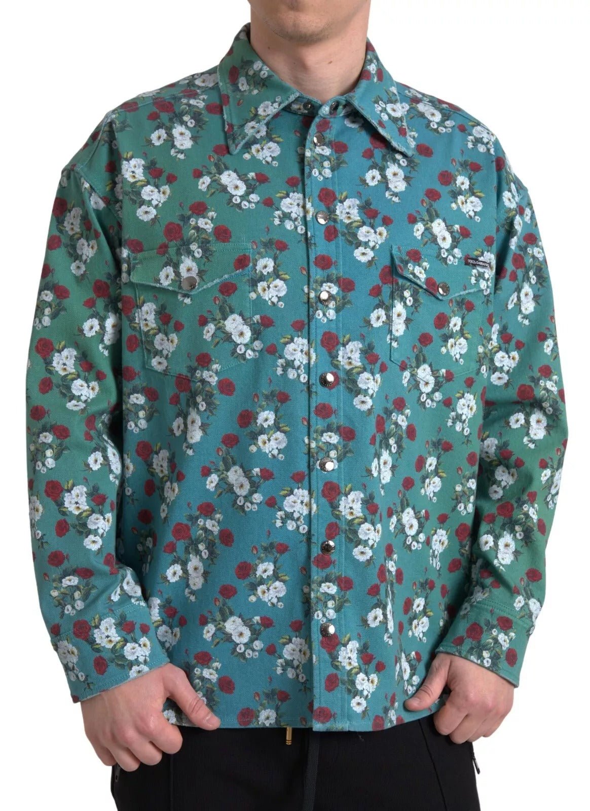 Dolce & Gabbana Blue Floral Cotton Button Down Denim Shirt - Sandy Store ByNet