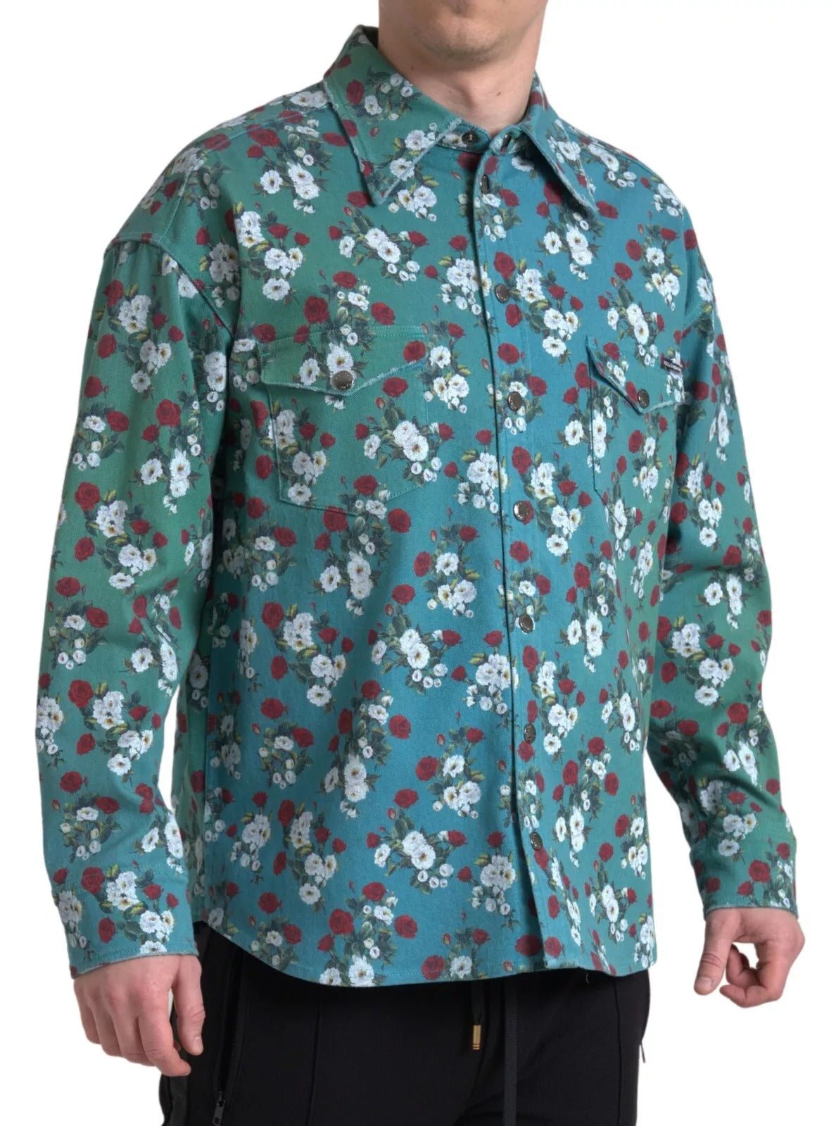 Dolce & Gabbana Blue Floral Cotton Button Down Denim Shirt - Sandy Store ByNet