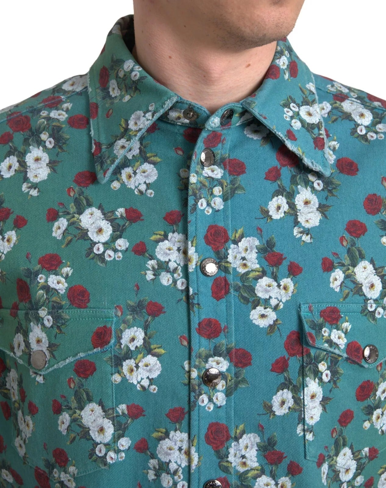 Dolce & Gabbana Blue Floral Cotton Button Down Denim Shirt - Sandy Store ByNet