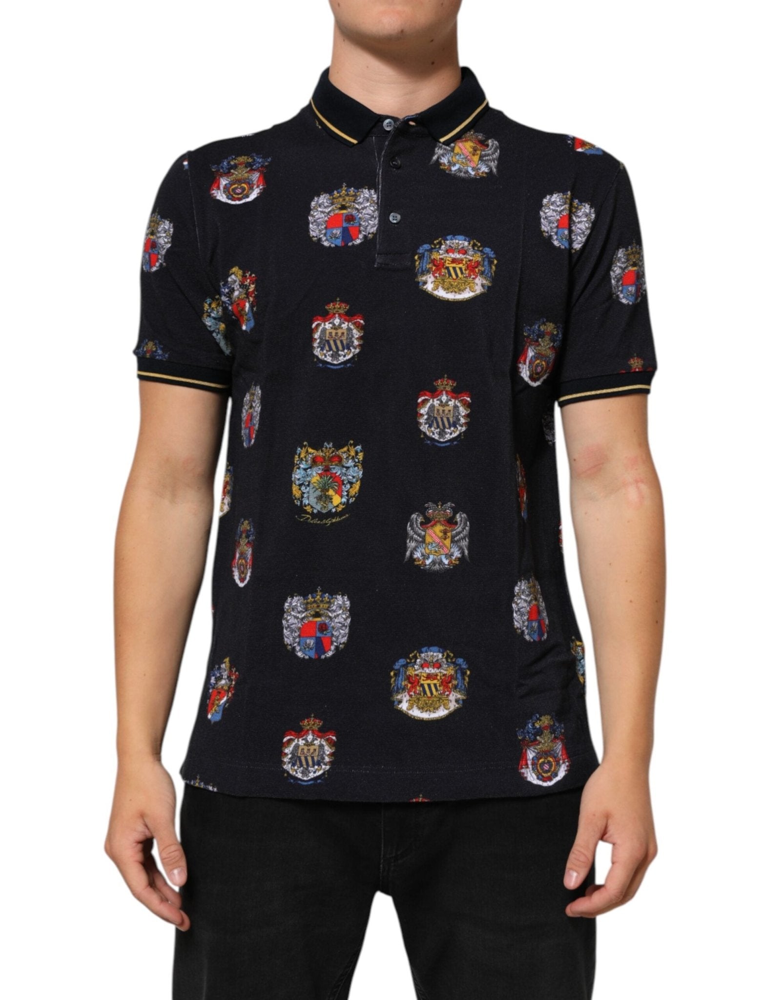 Dolce & Gabbana Blue Heraldic Crest Print Polo Shirt T-shirt – IT52 | XL par Dolce & Gabbana | Disponible sur Sandy Store ByNet