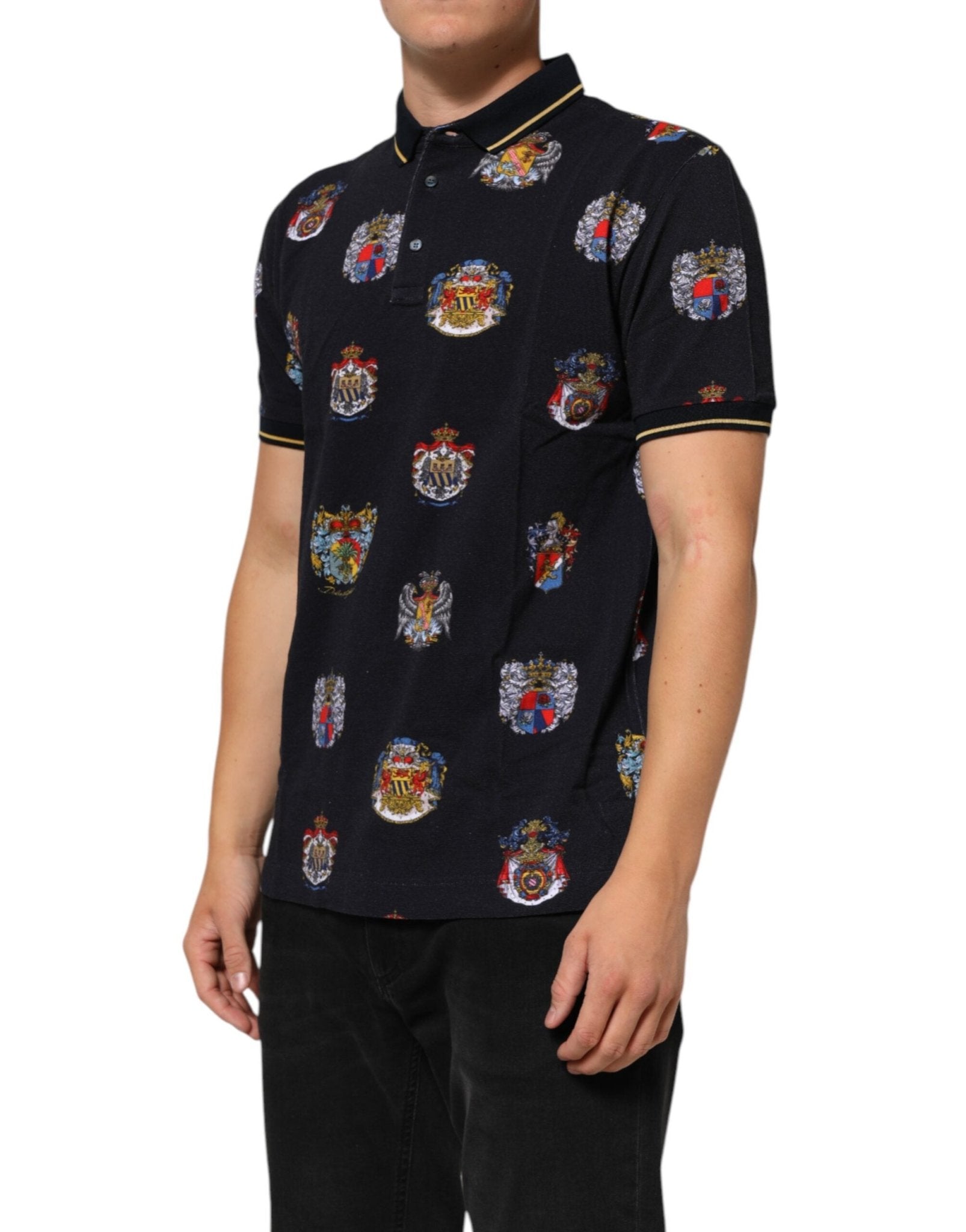 Dolce & Gabbana Blue Heraldic Crest Print Polo Shirt T-shirt – IT52 | XL par Dolce & Gabbana | Disponible sur Sandy Store ByNet