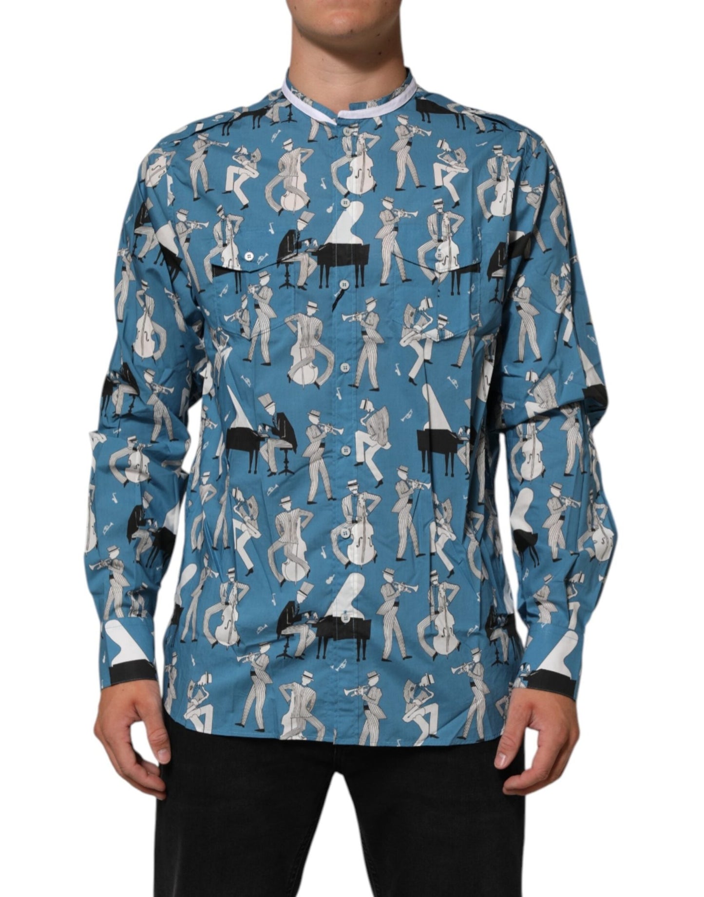 Dolce & Gabbana Blue Jazz Printed Cotton Button Front Shirt – IT42 | XL par Dolce & Gabbana | Disponible sur Sandy Store ByNet