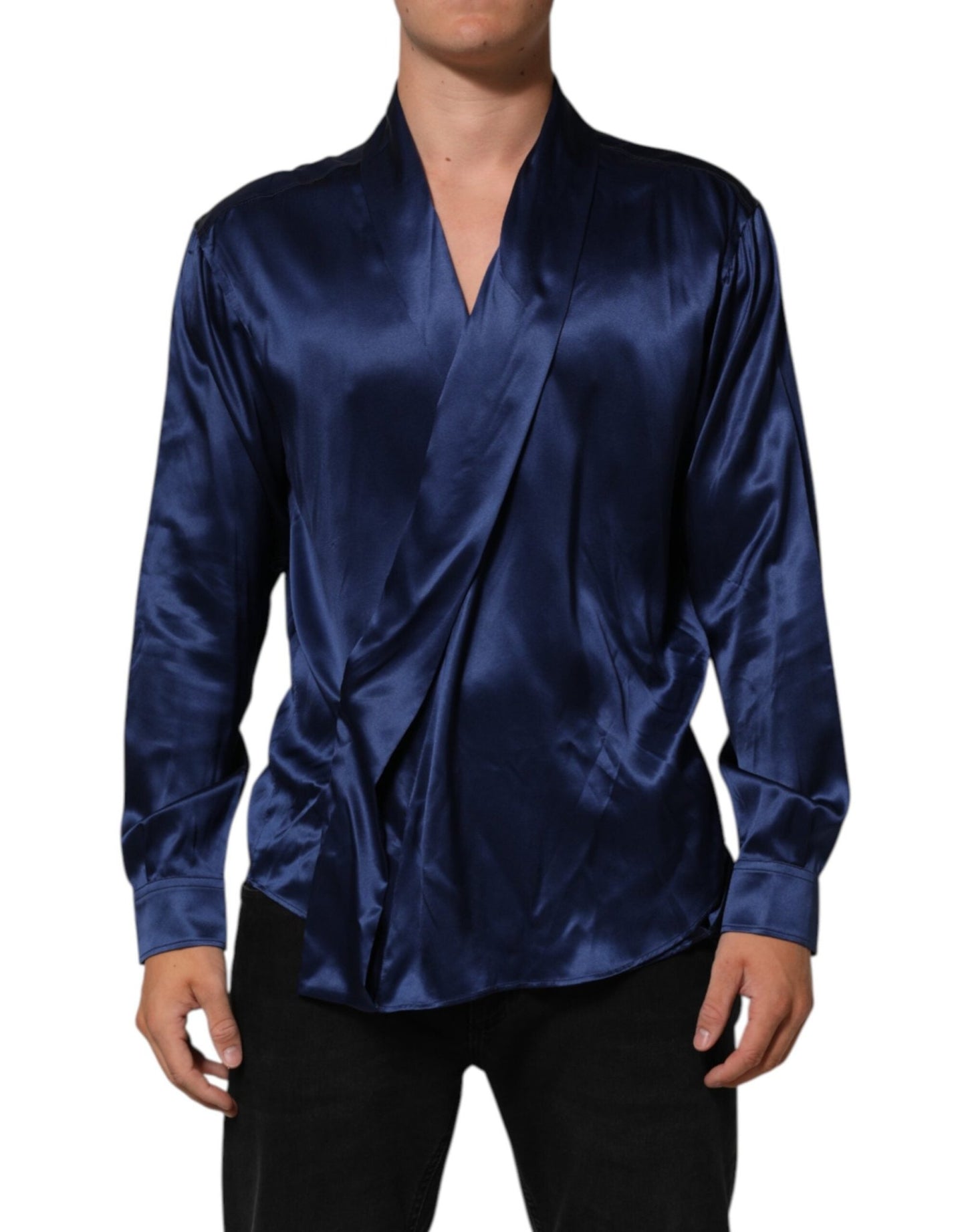 Dolce & Gabbana Blue Oversize Silk Satin Long Sleeves Shirt – IT38 | XS par Dolce & Gabbana | Disponible sur Sandy Store ByNet