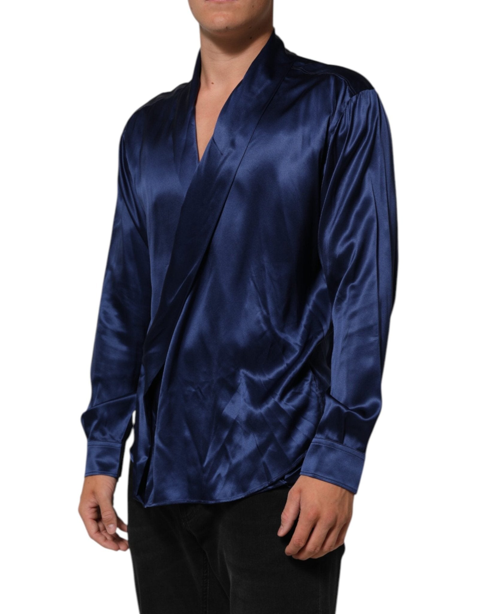 Dolce & Gabbana Blue Oversize Silk Satin Long Sleeves Shirt – IT38 | XS par Dolce & Gabbana | Disponible sur Sandy Store ByNet