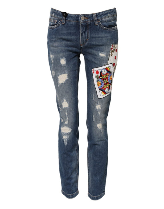 Dolce & Gabbana Blue Play Card Embroidery Skinny Denim Jeans – IT38 | XS par Dolce & Gabbana | Disponible sur Sandy Store ByNet