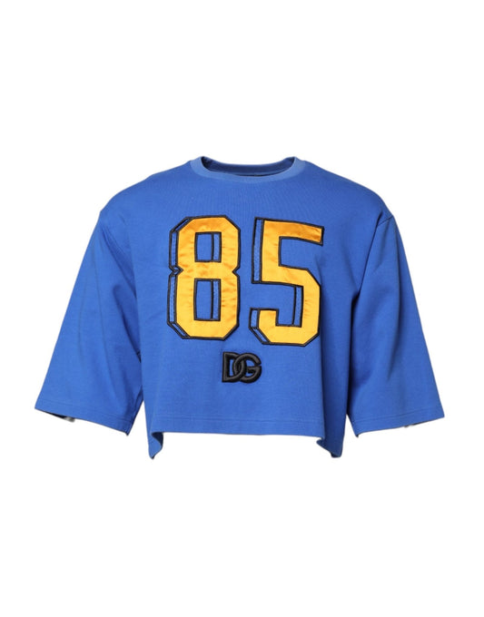 Dolce & Gabbana Blue Printed Cotton Cropped Crew Neck T-shirt – IT50 | L par Dolce & Gabbana | Disponible sur Sandy Store ByNet