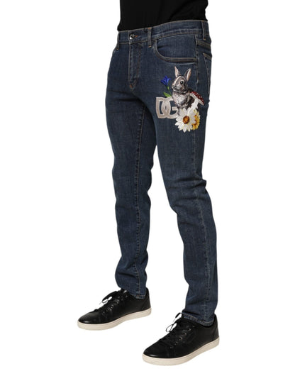 Dolce & Gabbana Blue Rabbit Embroidery Slim Men Denim Jeans – IT48 | M par Dolce & Gabbana | Disponible sur Sandy Store ByNet