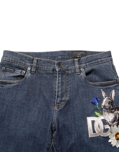 Dolce & Gabbana Blue Rabbit Embroidery Slim Men Denim Jeans – IT48 | M par Dolce & Gabbana | Disponible sur Sandy Store ByNet
