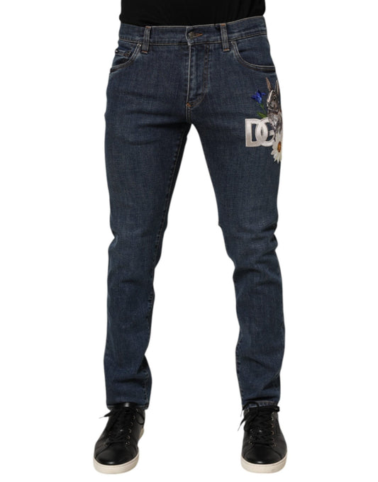 Dolce & Gabbana Blue Rabbit Embroidery Slim Men Denim Jeans – IT48 | M par Dolce & Gabbana | Disponible sur Sandy Store ByNet