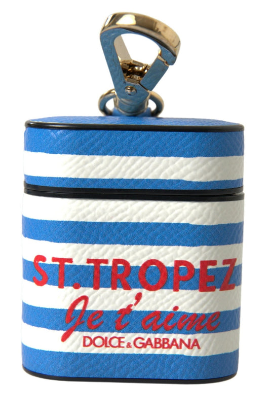 Dolce & Gabbana Blue Stripe Dauphine Leather Logo Print Airpod Case – par Dolce & Gabbana | Disponible sur Sandy Store ByNet